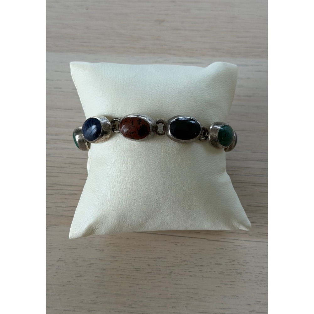 Vtg Mexican 925 Sterling Silver Multi Gemstone Malachite Lapis Toggle Bracelet